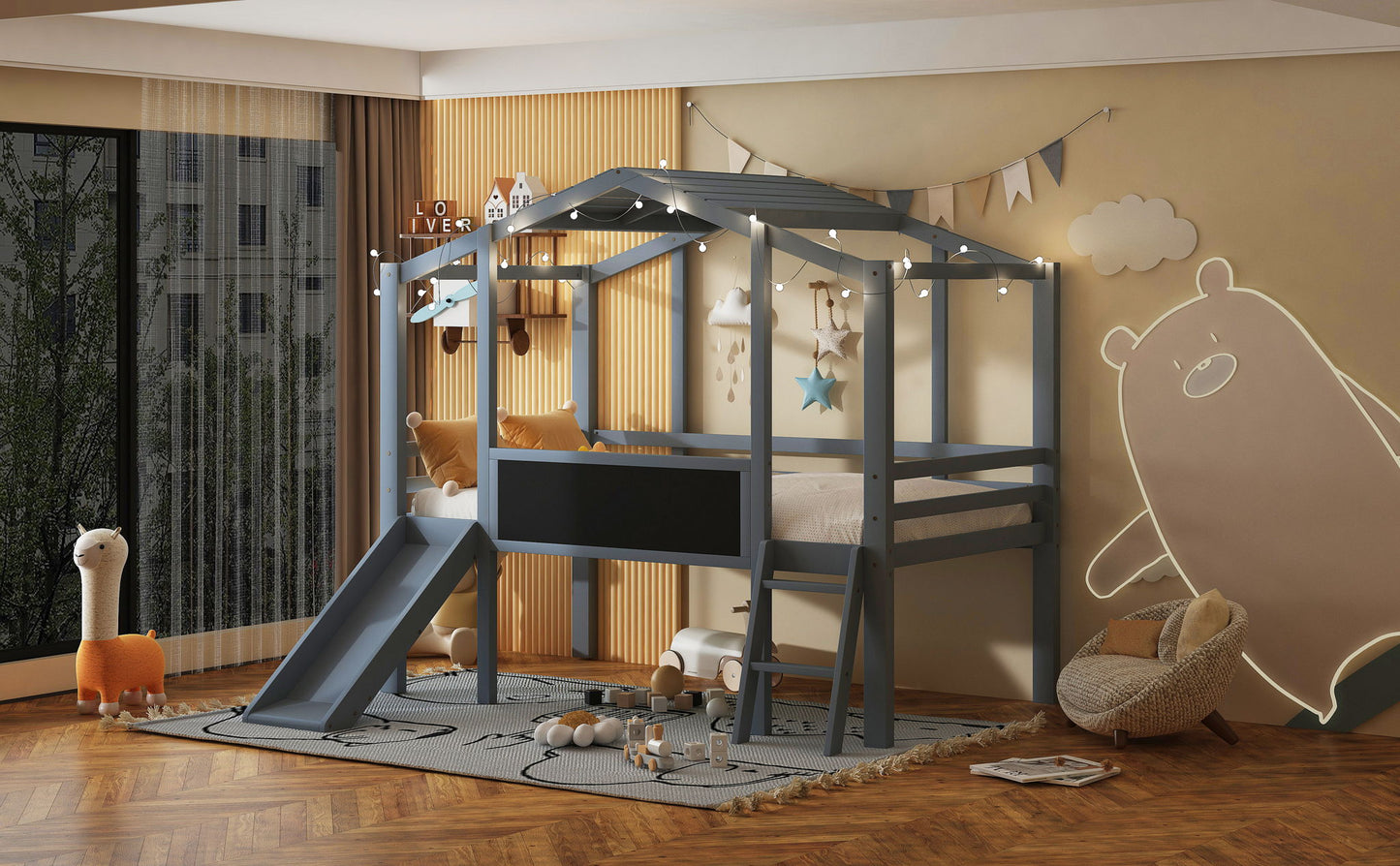 Loft House Bed With Ladder And Slide, With board And Light Strip On The Roof