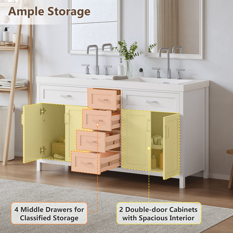 Bathroom Vanity Cabinet Only, Soft Close Doors & Drawers, 4 Drawers & 2 Double Door Cabinets - White
