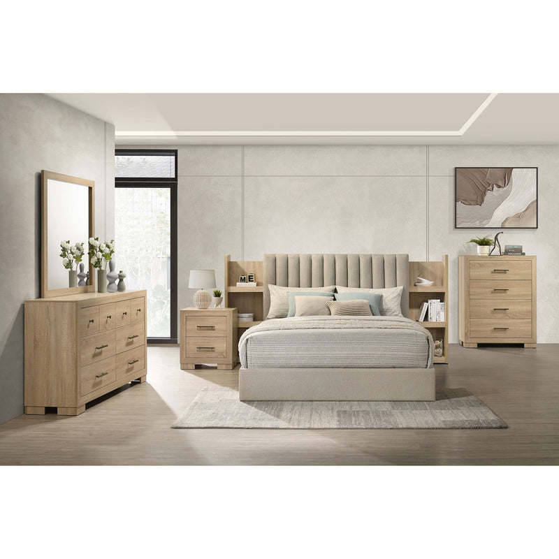 Merritt - Queen Bookcase Storage Bed With Tufted Headboard - Light Oak / Light Tan