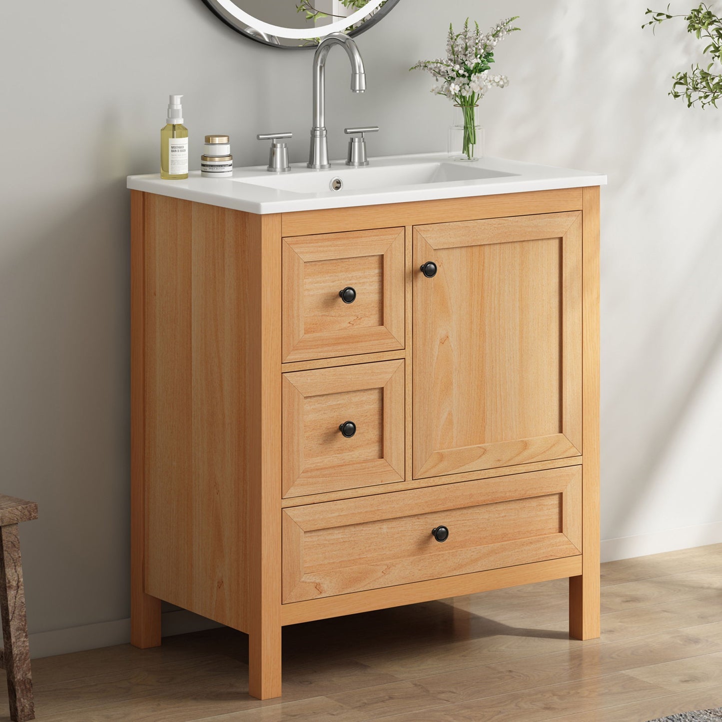 Modern Bathroom Vanity With Sink, Soft Close Drawers & Door, Storage Rack
