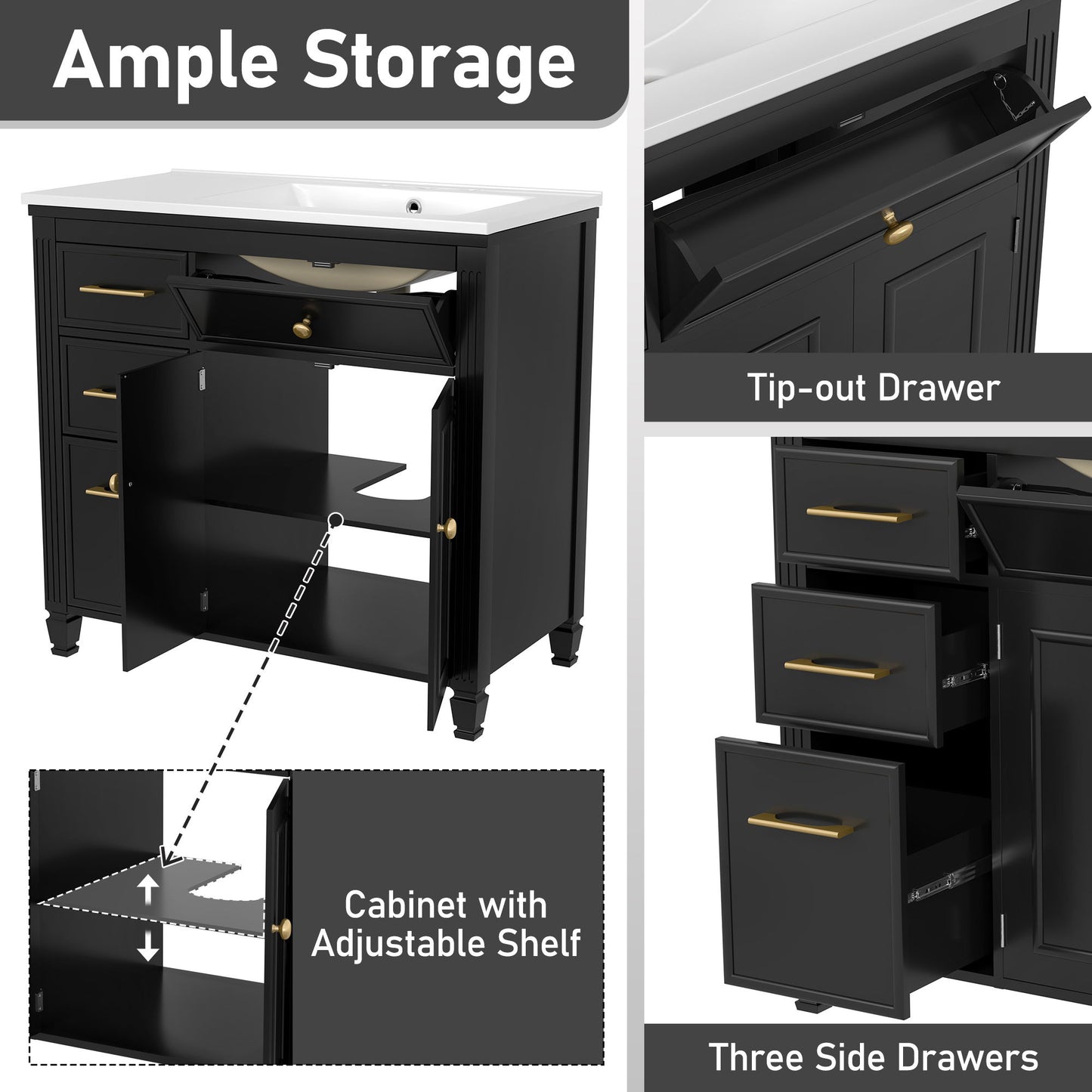 Bathroom Vanity With Sink, 1 Tip Out Drawer, 3 Side Drawers, Adjustable Shelf