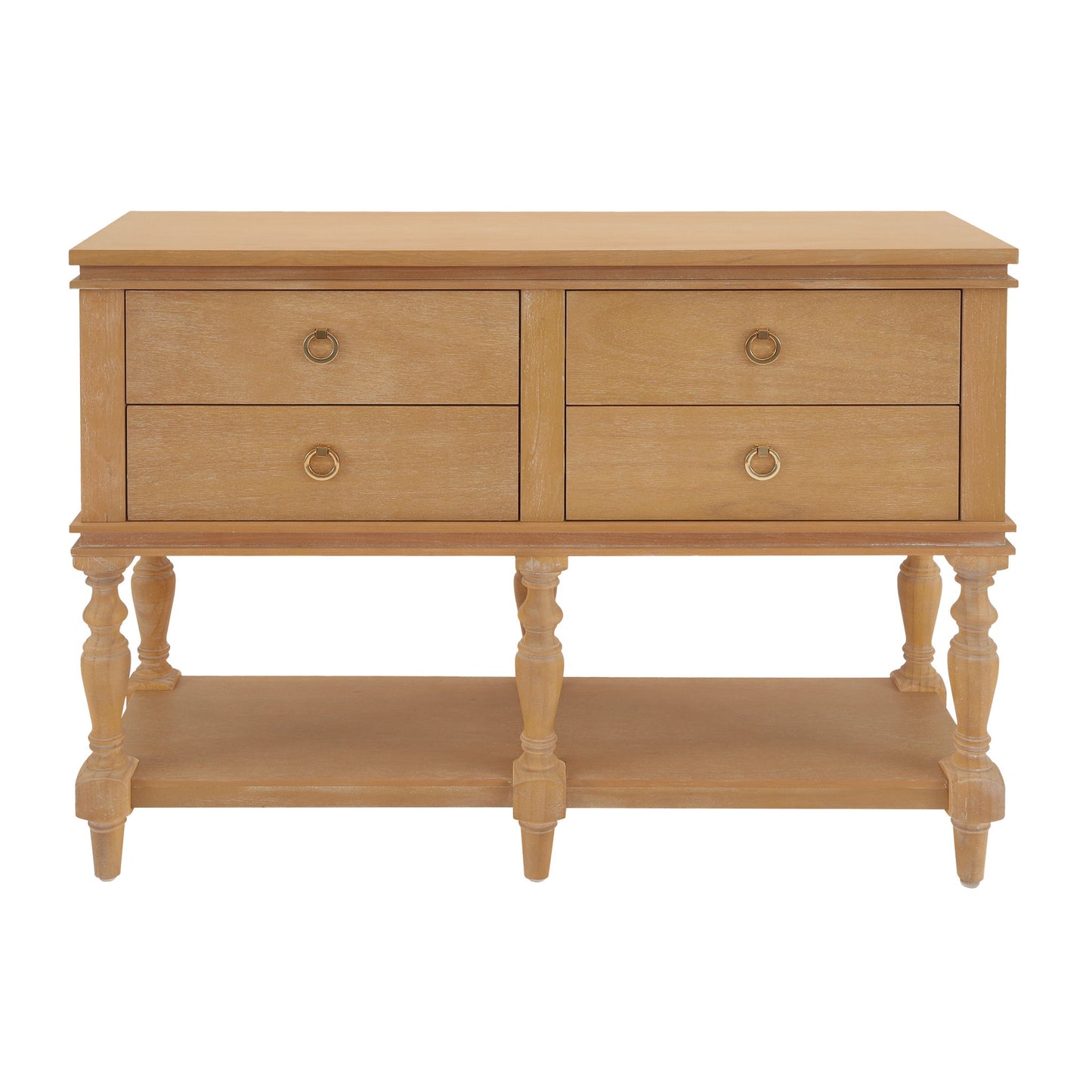 Console Table With 4 Soft Close Drawers, Thick Bottom Shelf For Living Room - Natural