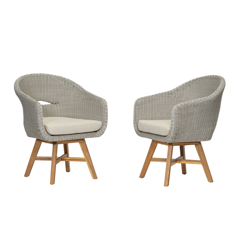 Modern Coastal Rattan Dining Chairs, (Set of 2), Solid Wood Legs - Beige / Gray Ash / Natural