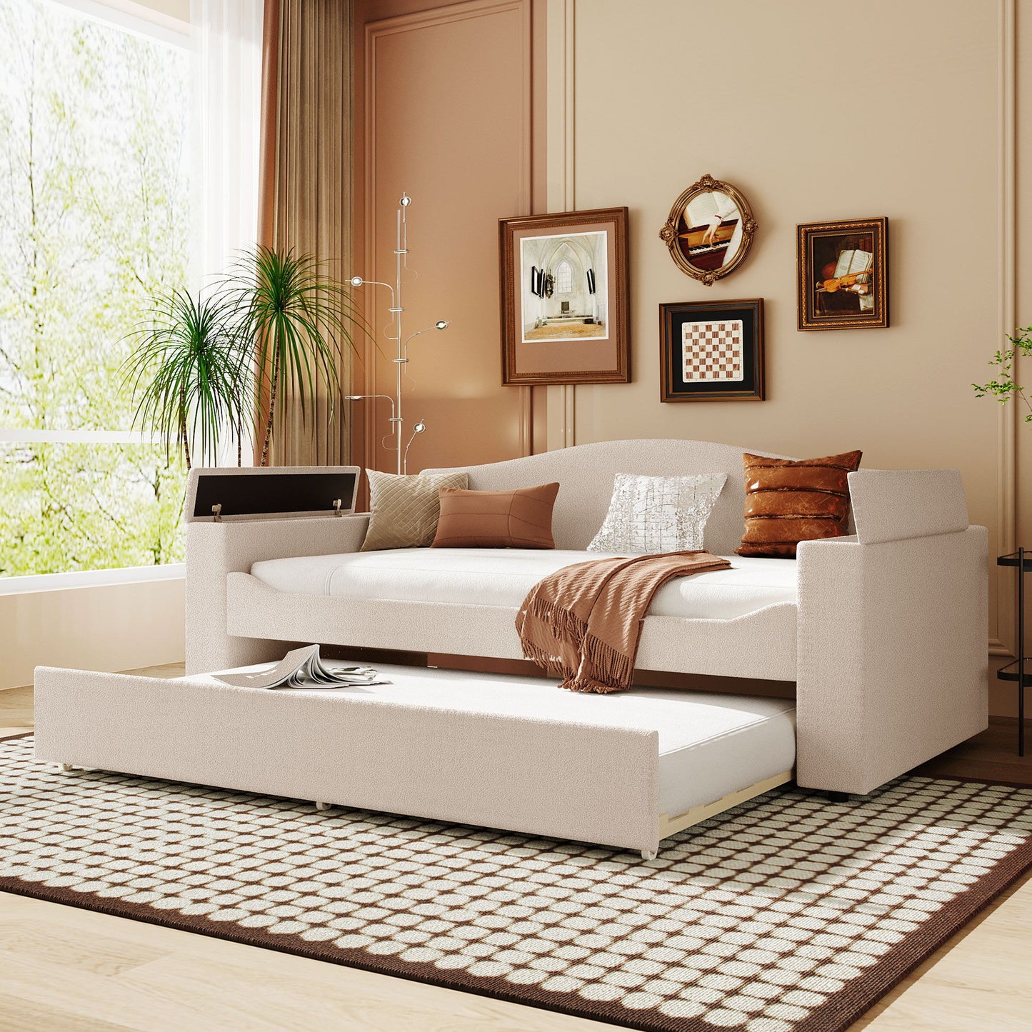 Upholstered Daybed With Storage Armrests, Trundle And Latest Integrated tooth Audio System