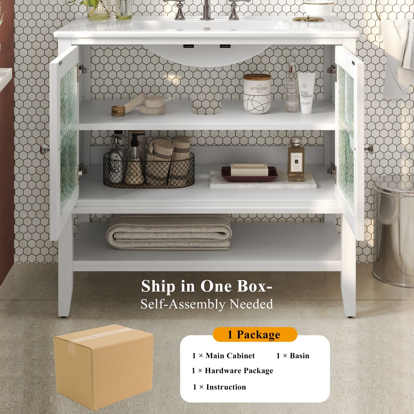 Bathroom Vanity With Ceramic Sink, Adjustable & Open Shelf