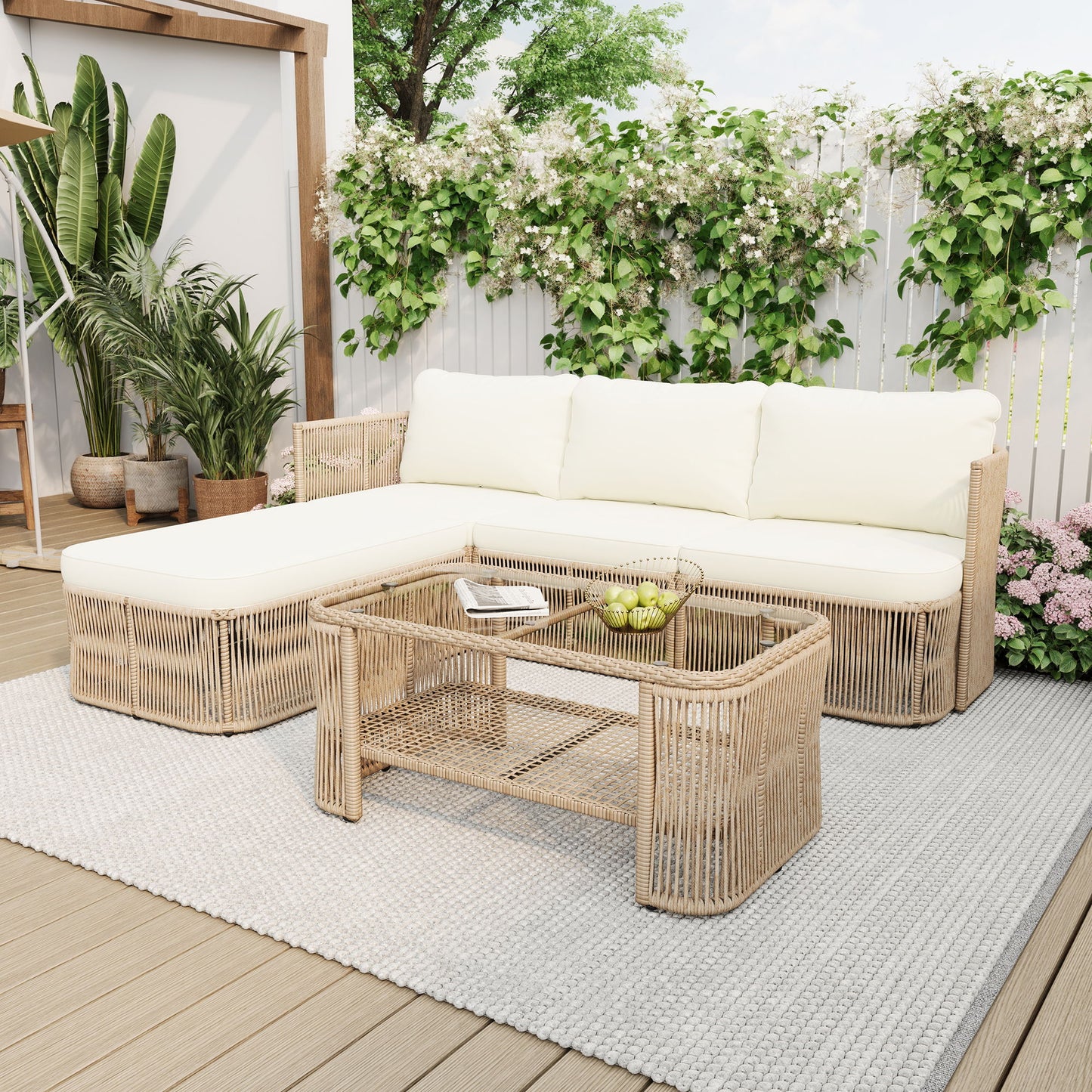 Outdoor Modular Conversation Sofa With Cushions And Coffee Table - Beige