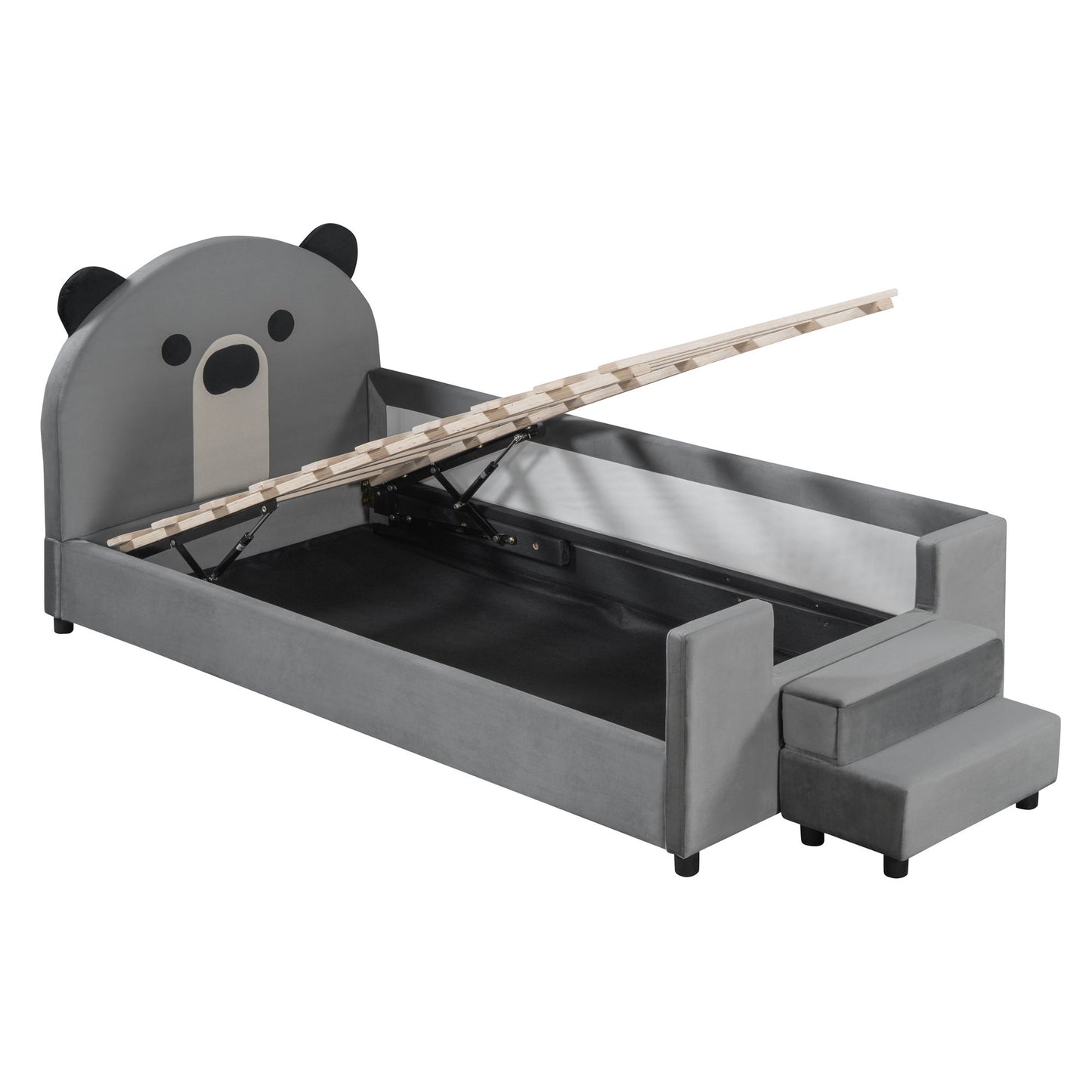 Upholstered Daybed With Bear Shaped Headboard, Hydraulic System And Breathable Fence