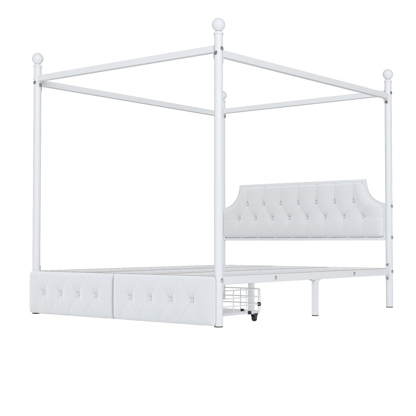 Queen Size Canopy Platform Bed With Upholstered Headboard And 2 Storage Drawers - White
