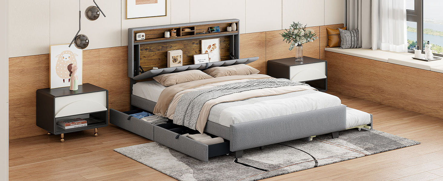Upholstered Platform Bed With Storage Headboard, Trundle & 2 Drawers And A Set Of Sockets & USB Ports