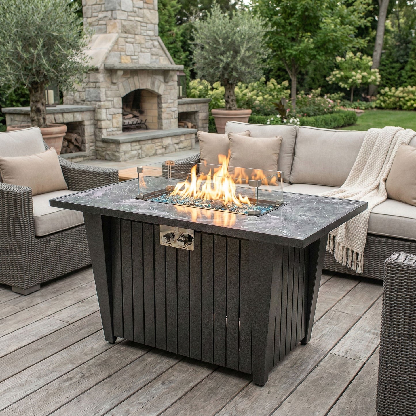 Morden Steel Fire Pit Table With Marble Tile Tabletop, Glass Wind Guard And Lid