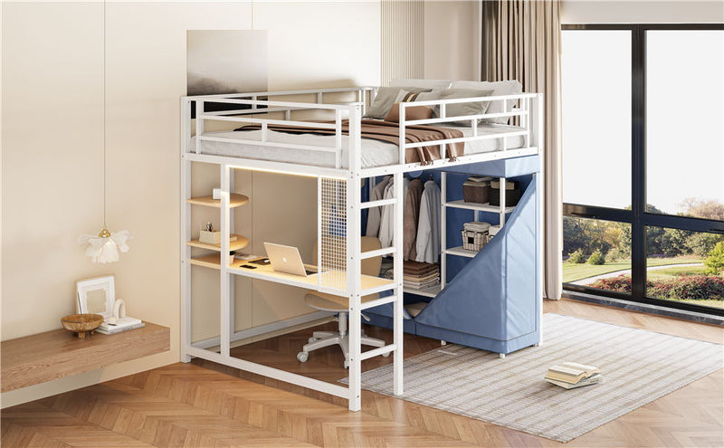 Full Size Loft Bed With Desk, Shelves, Power Outlet, LED Light And Wardrobe - White