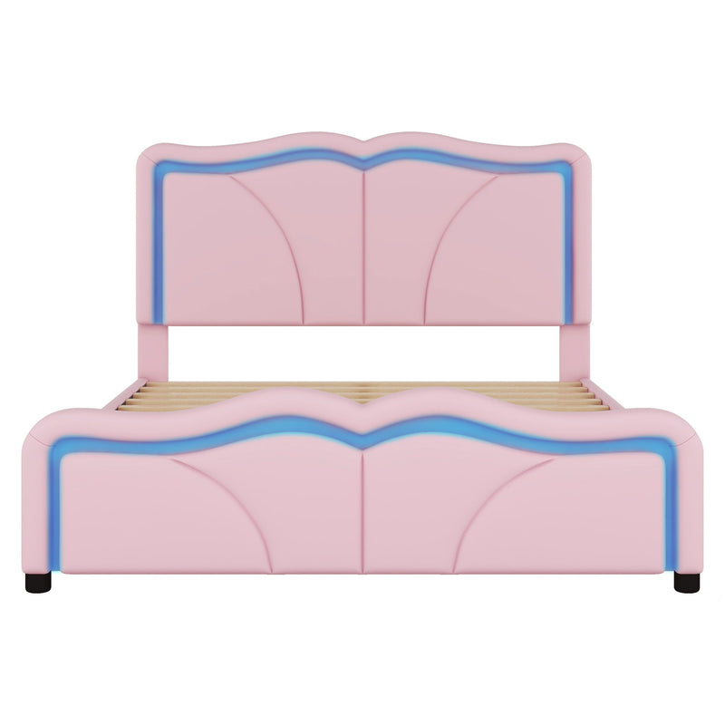Upholstered Platform Bed & Curve Shaped And Height Adjustable Headboard, LED Light Strips