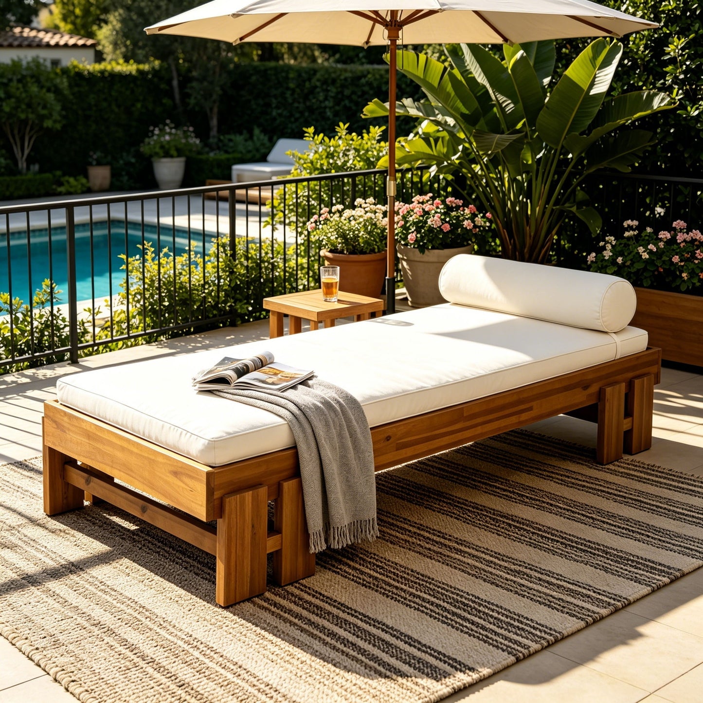 Daybed With Cushion & Pillow, Low Profile Design For Indoor / Outdoor Use - Cream / Teak