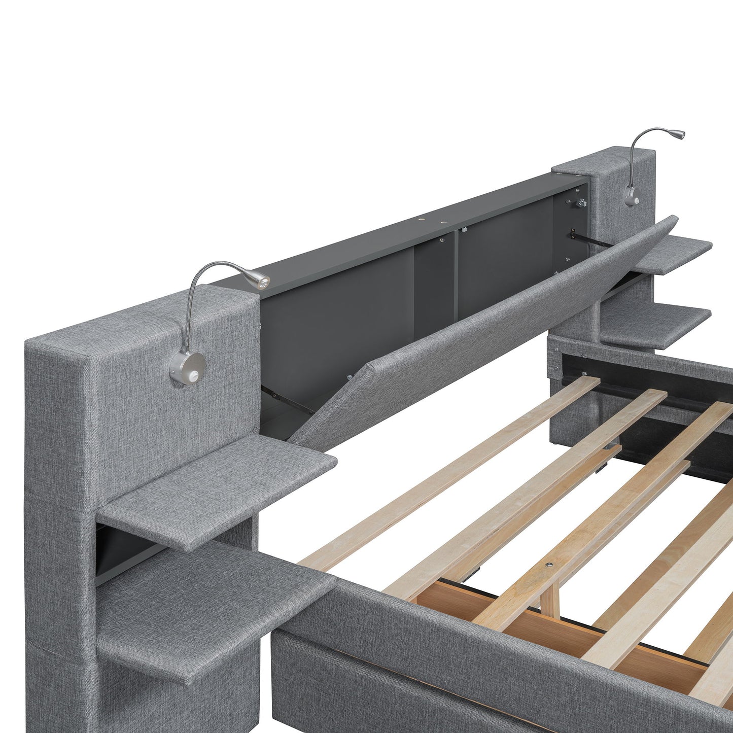 Upholstered Platform Bed With Reading Lights, Drawers, Trundle And Shelves
