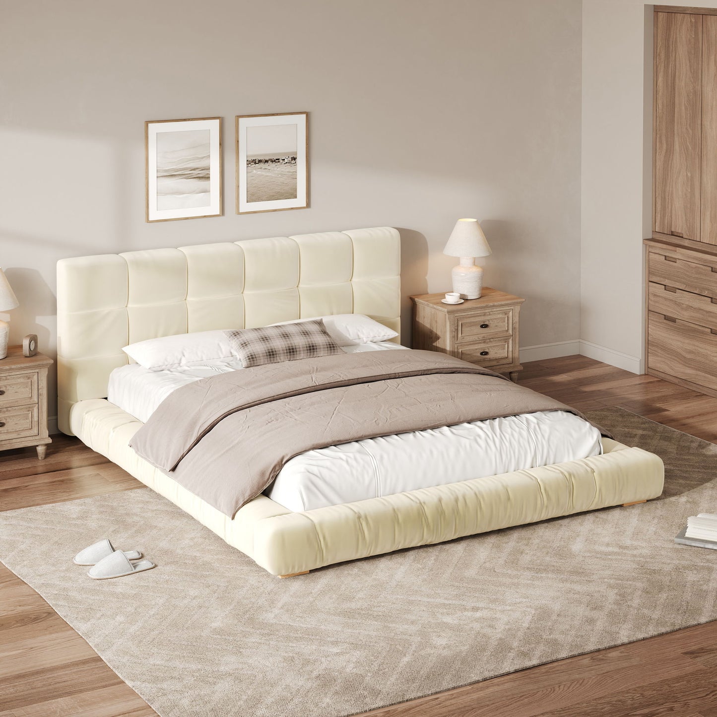 Upholstered Platform Bed Frame With Tufted Headboard