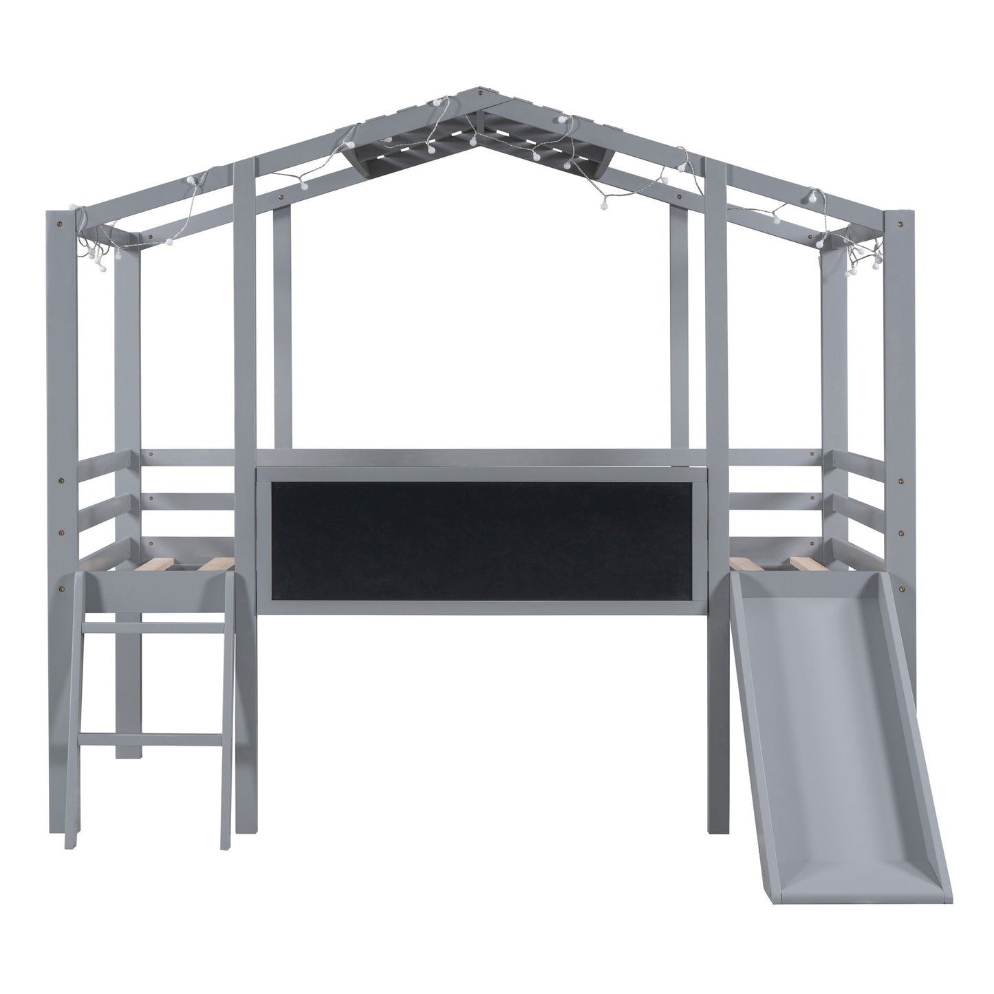 Loft House Bed With Ladder And Slide, With board And Light Strip On The Roof