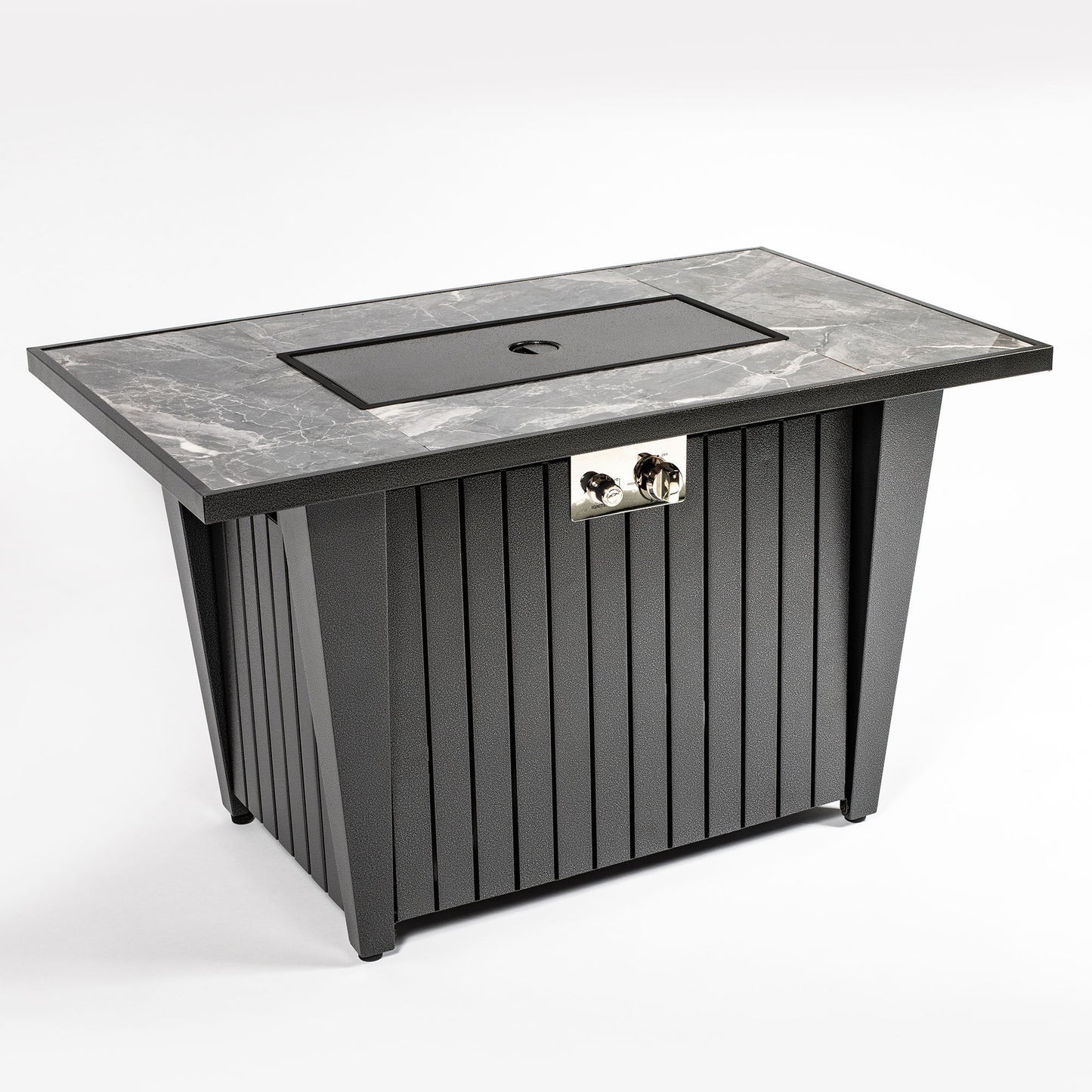 Morden Steel Fire Pit Table With Marble Tile Tabletop, Glass Wind Guard And Lid
