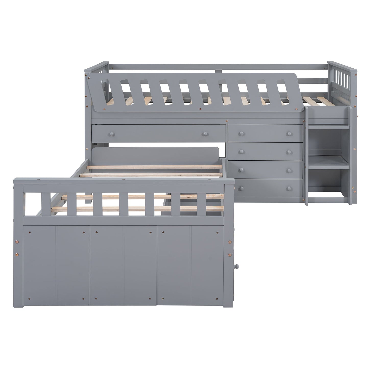 Loft Platform Bed With 7 Drawers And Full Guardrails, Modern L Shaped Space Savin