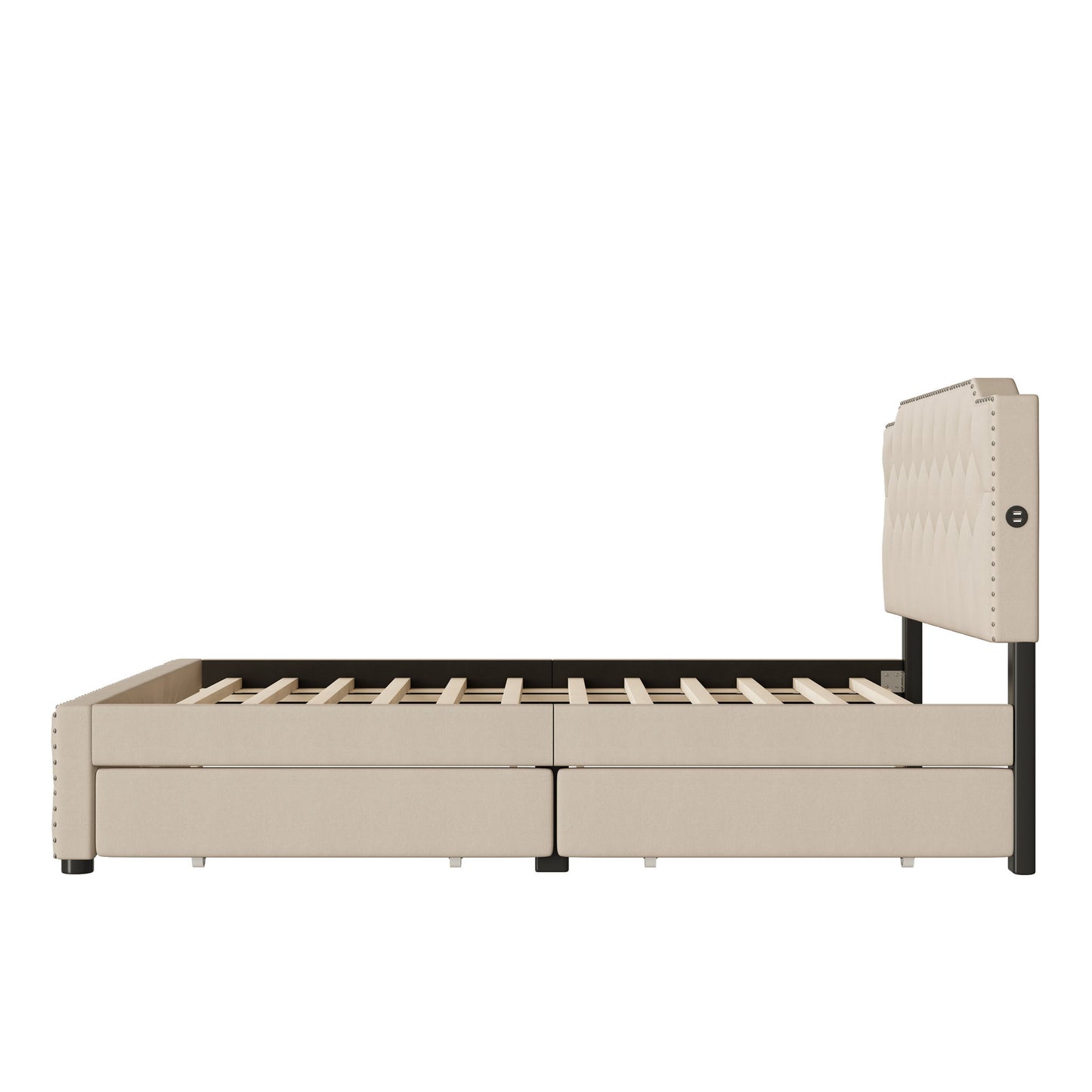 Upholstered Platform Bed With 2 Drawers And 2 Sets Of USB Ports On Each Side, Fabric
