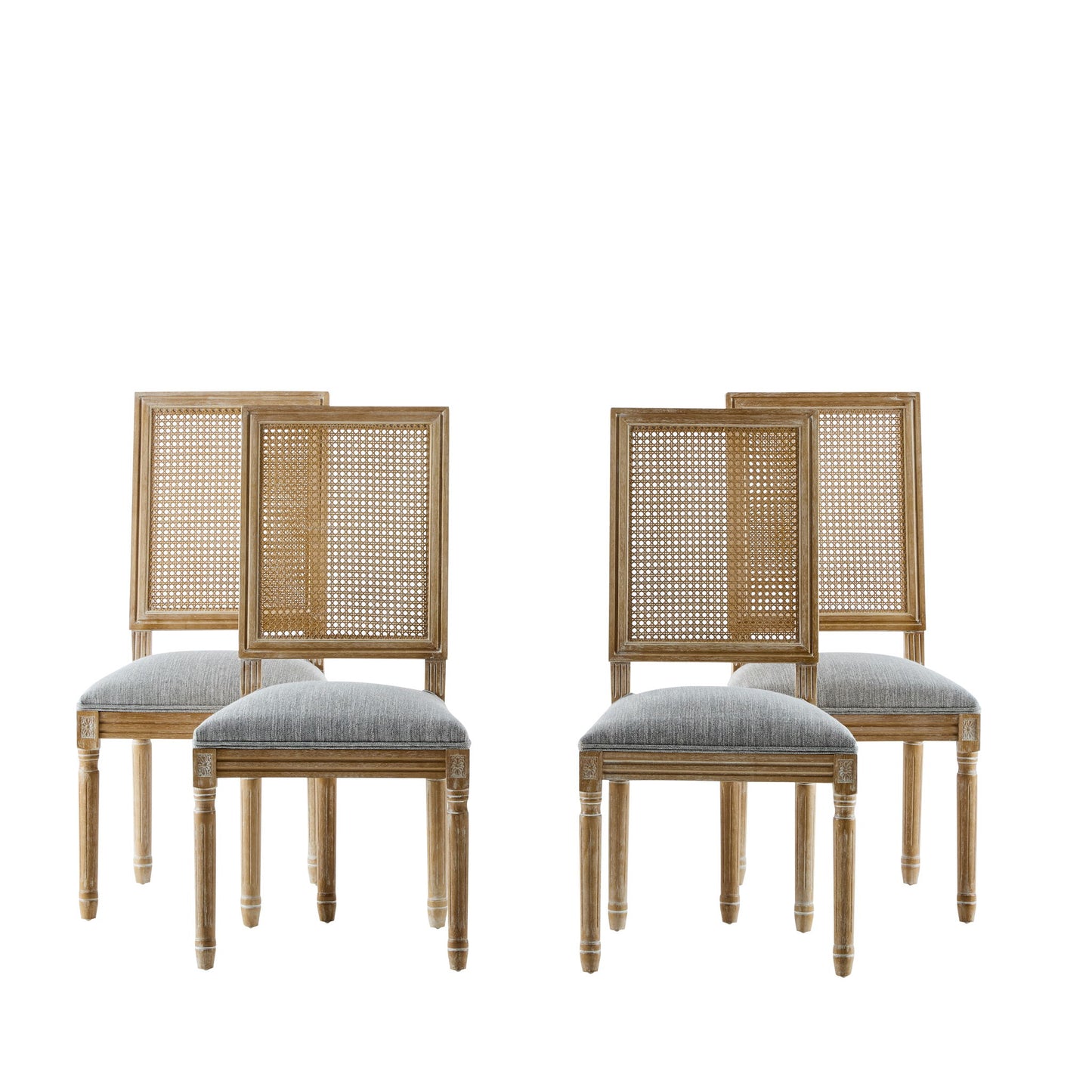 French Country Dining Chair With Rectangular Cane Backrest And Smooth Upholstered Seating