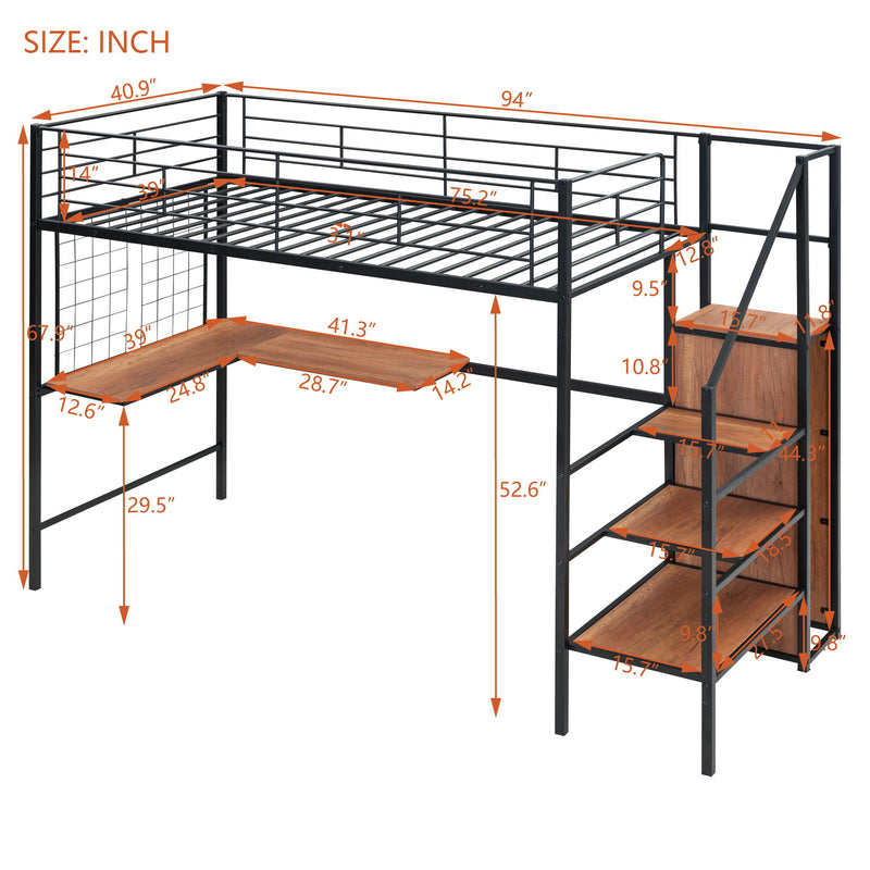 Twin Size Loft Bed With Desk And Grid, Storage Ladder And Wardrobe - Black