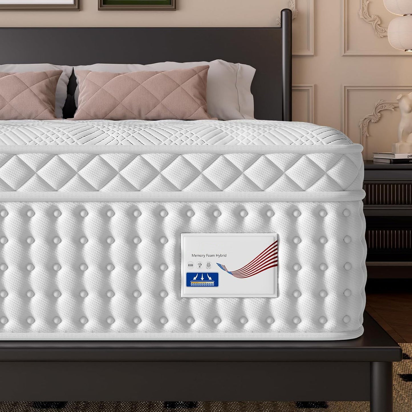 14" Hybrid Mattress, Memory Foam & Pocket Spring Bed, Medium Firm Comfort, Spine Support, Quiet & Breathable - White - King