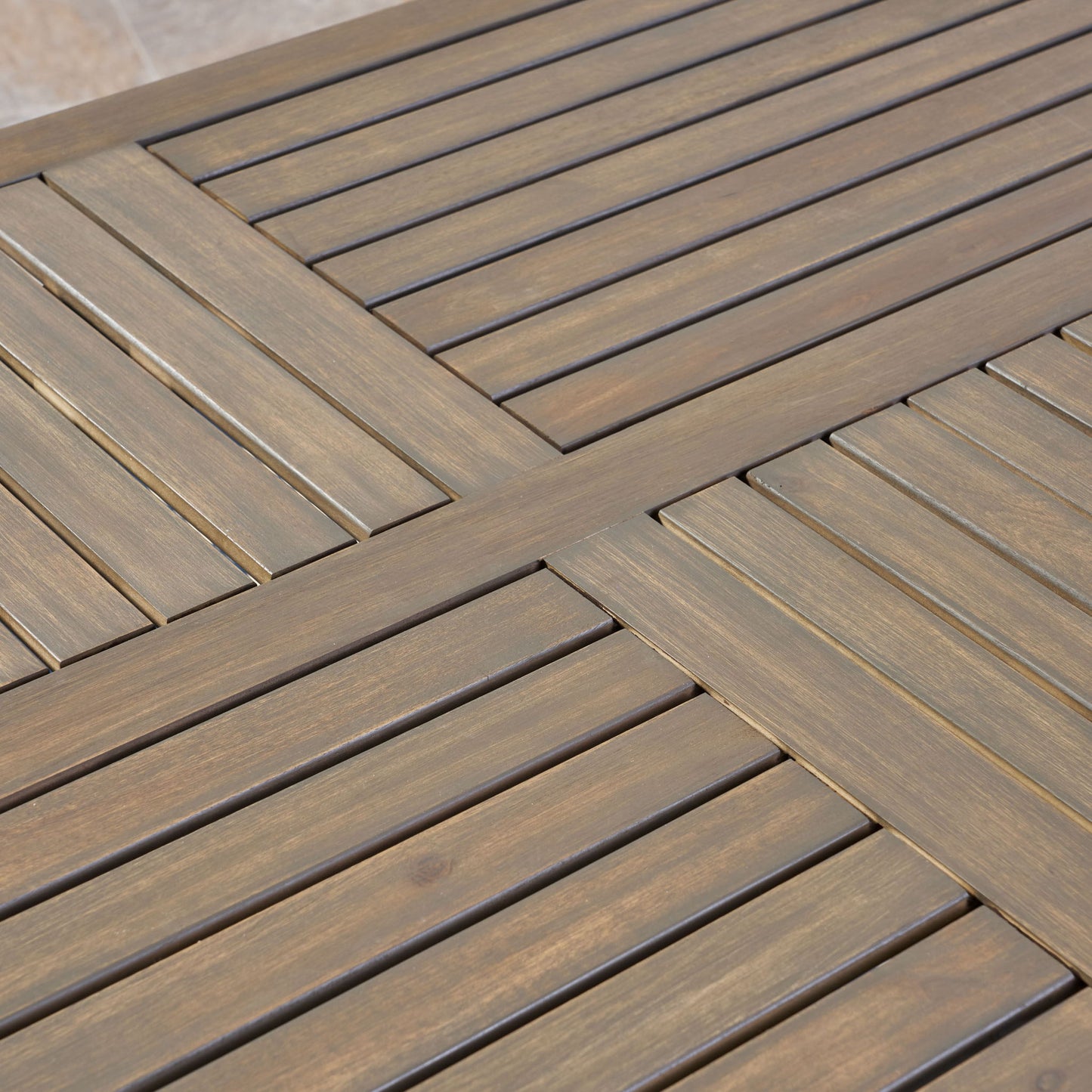 Transitional Acacia Wood Dining Table With Slat Panel Top - Gray