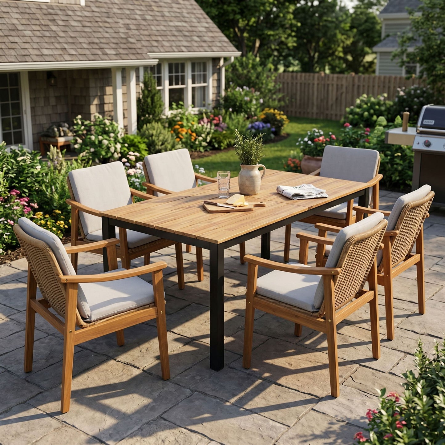 7 Piece Outdoor Patio Dining Set With & 6 Arm Chairs