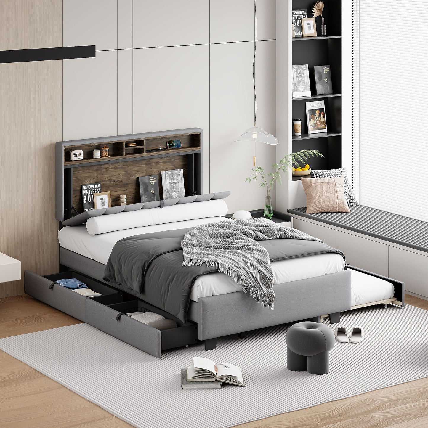 Upholstered Platform Bed With Storage Headboard, Trundle & 2 Drawers And A Set Of Sockets & USB Ports