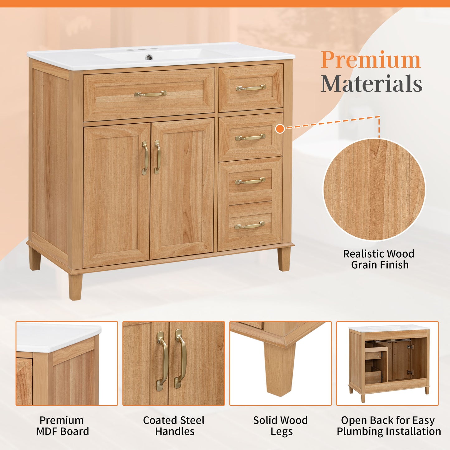 Bathroom Vanity With Sink, Soft Close Doors & Drawers - Wood