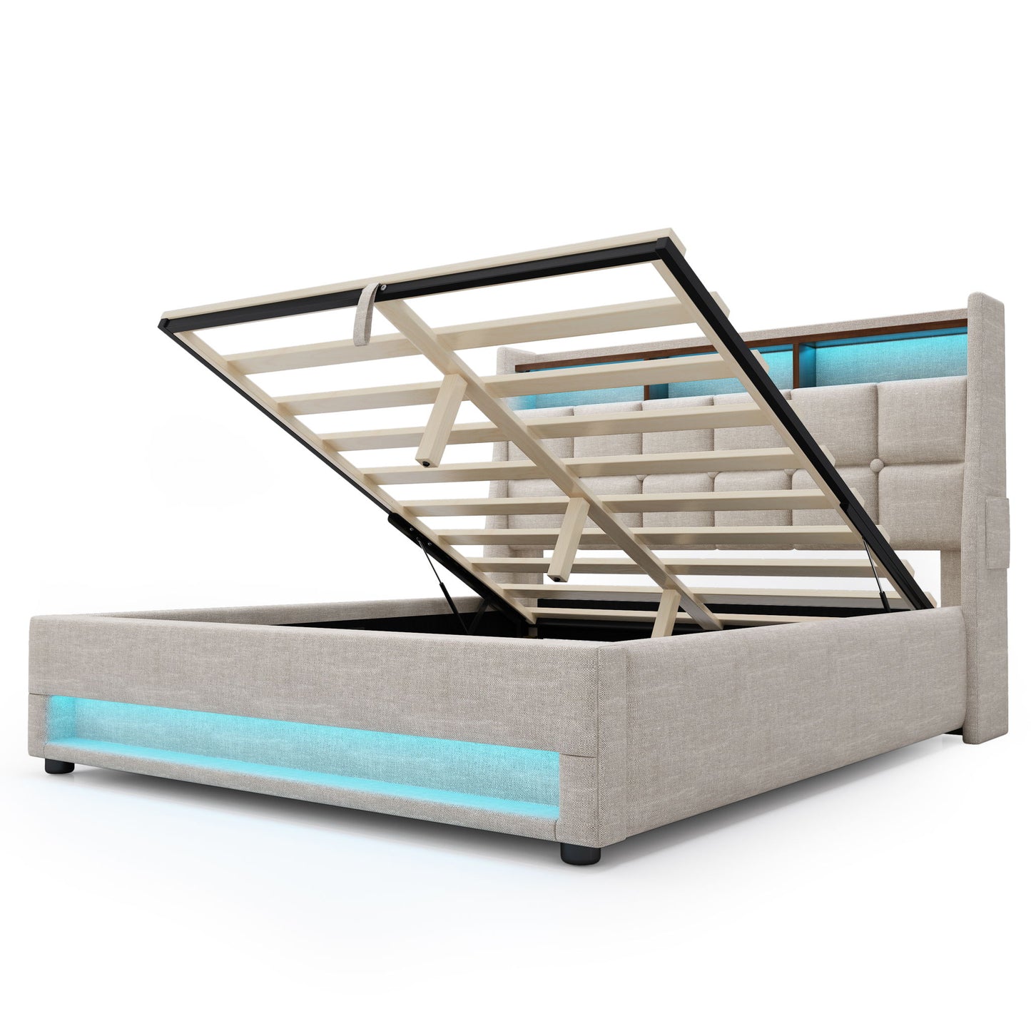 Platform Bed With Hydraulic Storage, LED Lighting & Charging Station