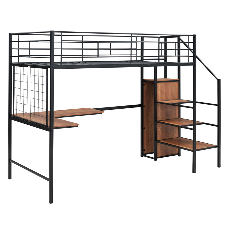 Twin Size Loft Bed With Desk And Grid, Storage Ladder And Wardrobe - Black