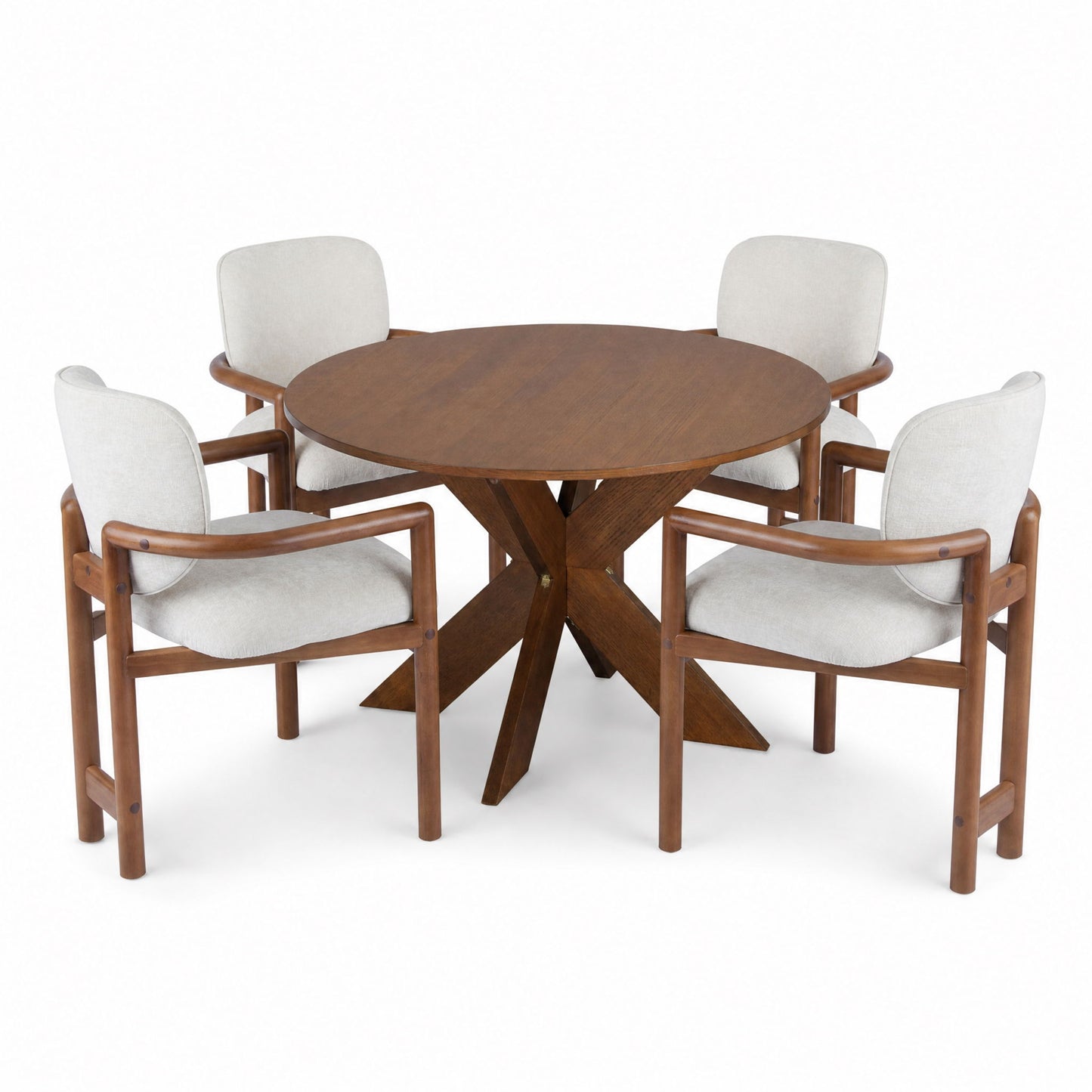 5 Piece Indoor Dining Set, Round Table & 4 Brown Arm Chairs - Beige / Brown / Cherry