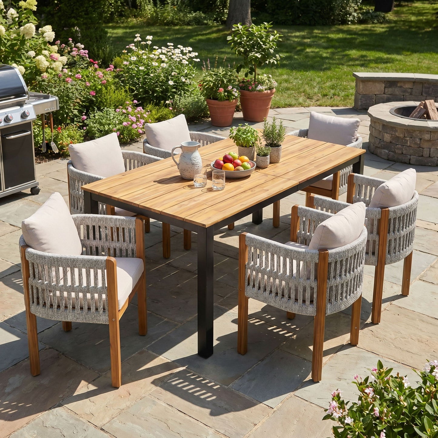7 Piece Outdoor Dining Set With Table And Chairs - Beige / Teak / White