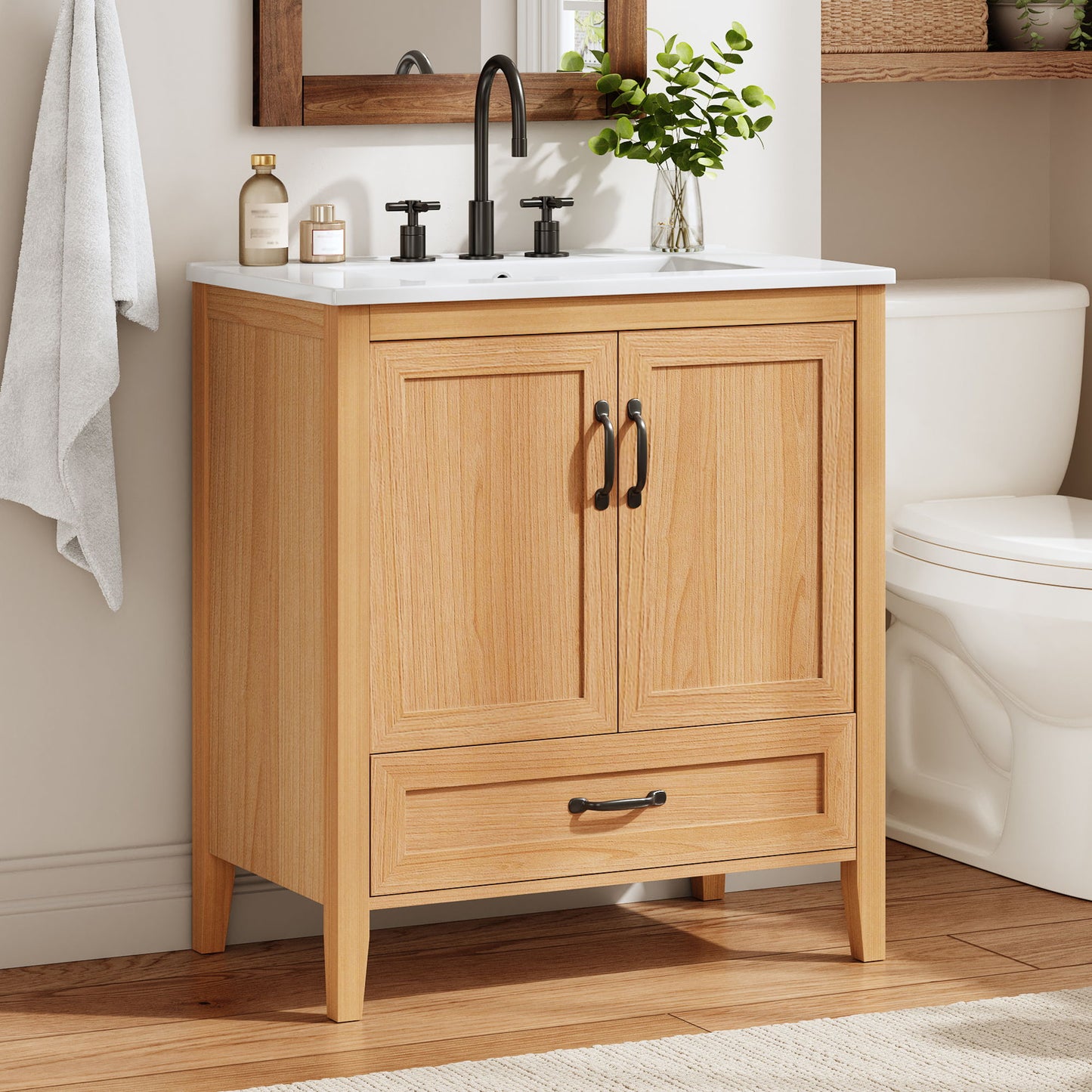 Elegant Fluted Bathroom Vanity With Sink, Soft Close Doors & Drawer