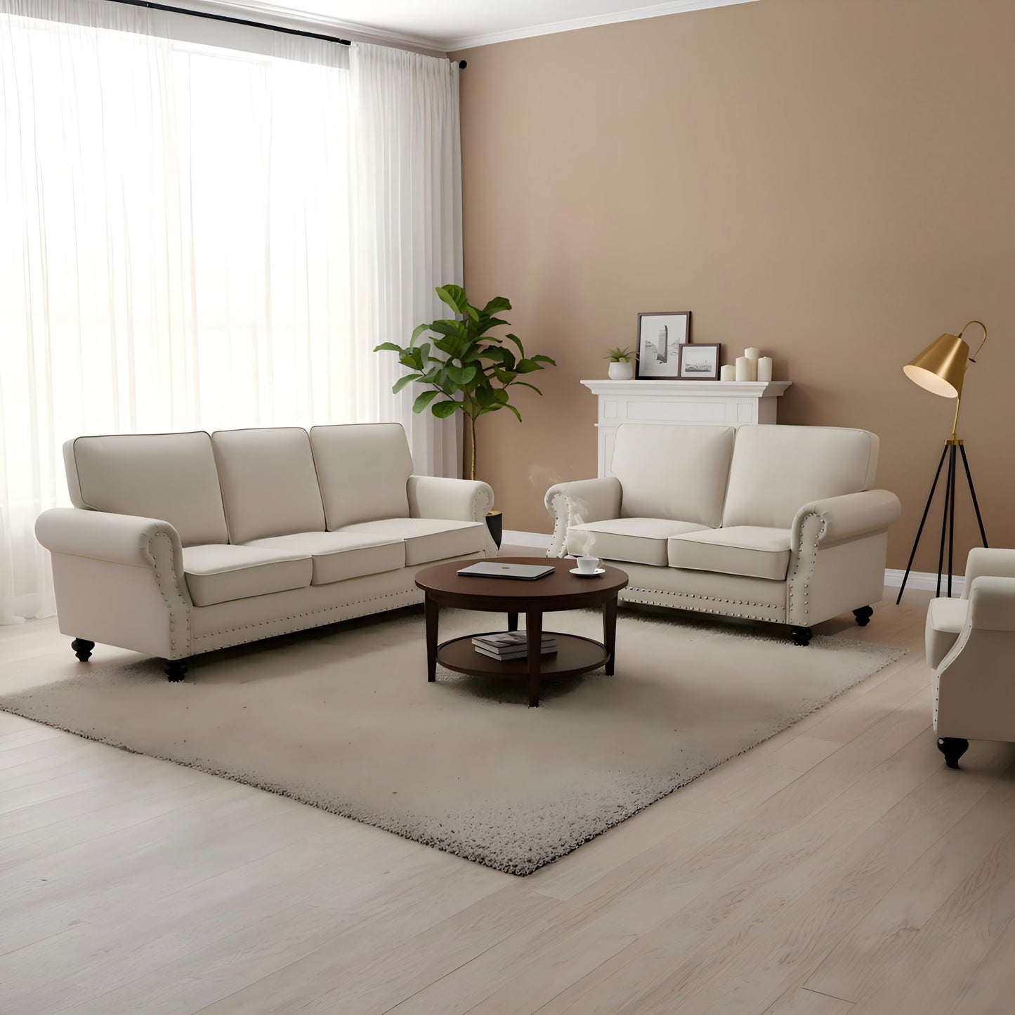 3 Seater Sofa With Nailhead Trim And Turned Legs For Living Room