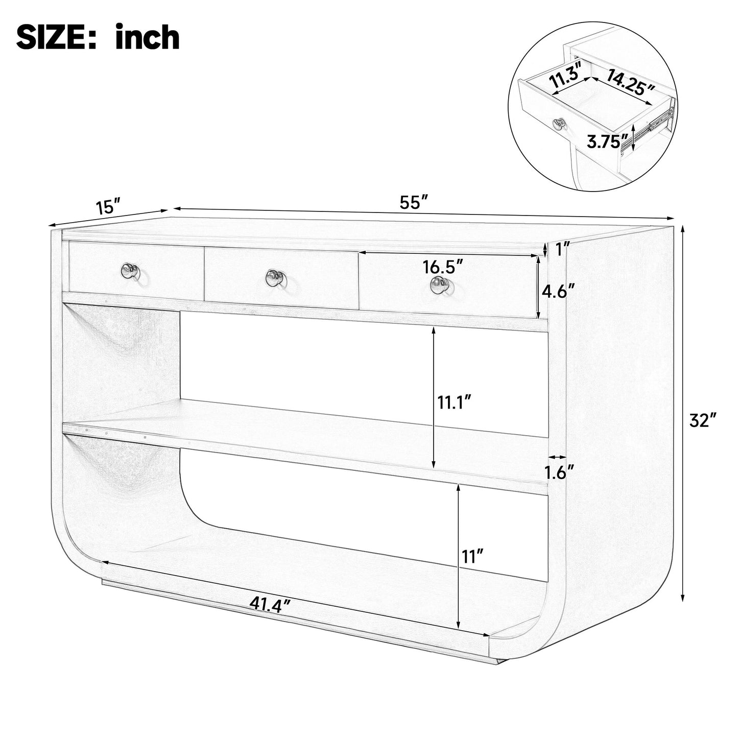 Console Table With 3 Soft Close Drawers & 2 Open Shelves