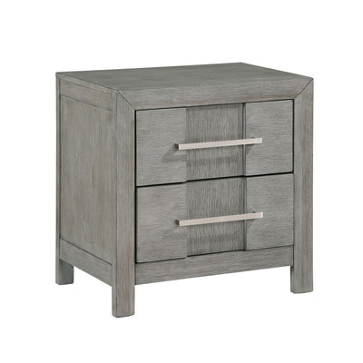 Modern 2 Drawer Nightstand In Gray Finish With Silver Metal Handles, Contemporary Bedside Table With Smooth Glide Drawers