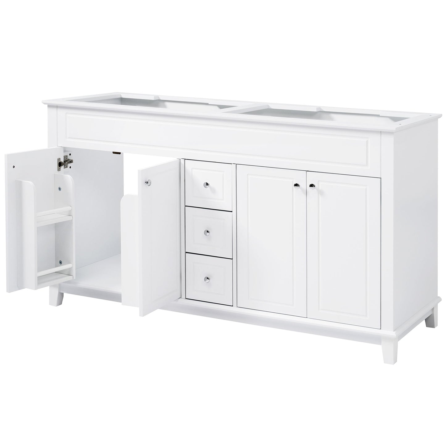 Bathroom Vanity Cabinet Only, 3 Drawers & 4 Doors & Double Layer Shelves - White