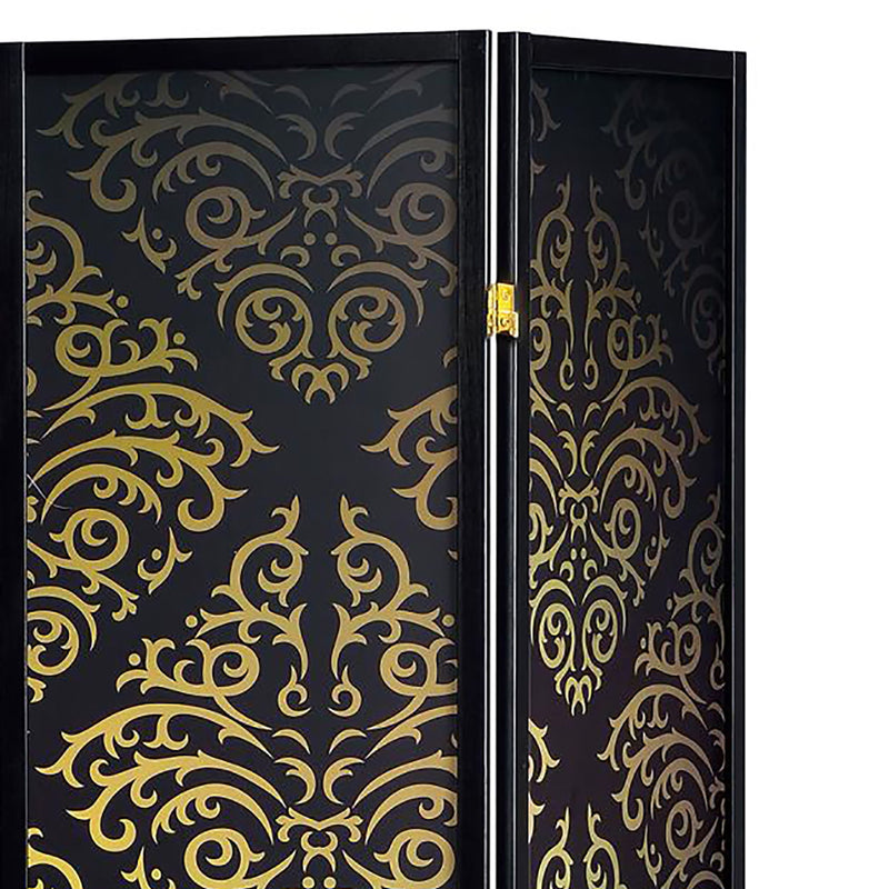 4 Panel Folding Screen With Diamond Scrollwork Motif - Black