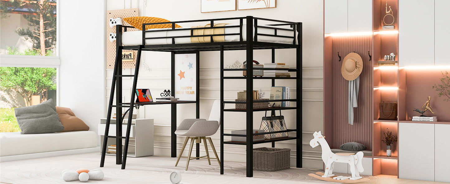 Loft Metal Bed With 3 Layers Of Shelves And Desk, Stylish Metal Frame Bed With board