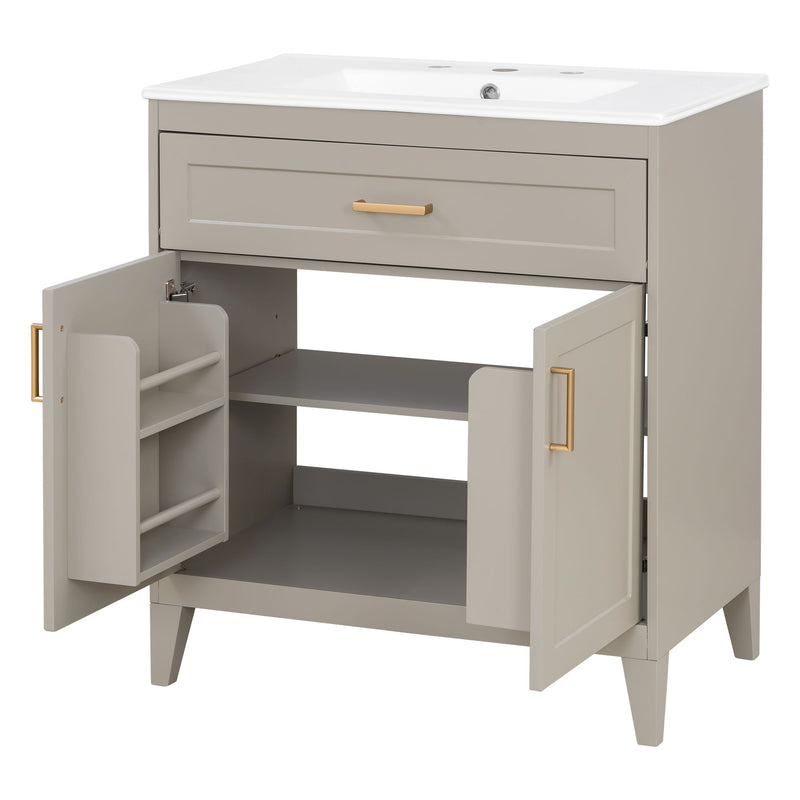 30" Bathroom Vanity With Sink Top, Soft Close Double Doors & Tip Out Drawer, Adjustable Interior Shelf, Door Mounted Organizers - Beige
