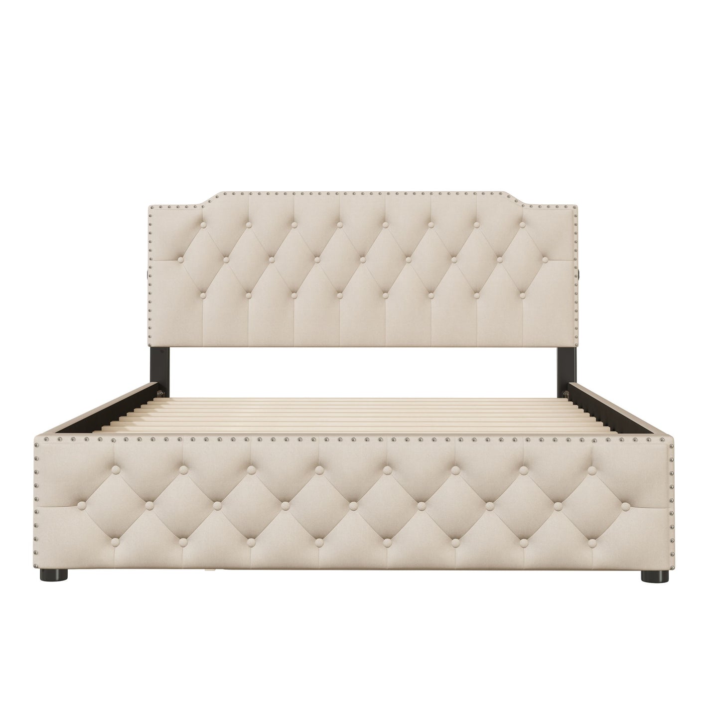 Upholstered Platform Bed With Trundle And 2 Sets Of USB Ports On Each Side, Fabric
