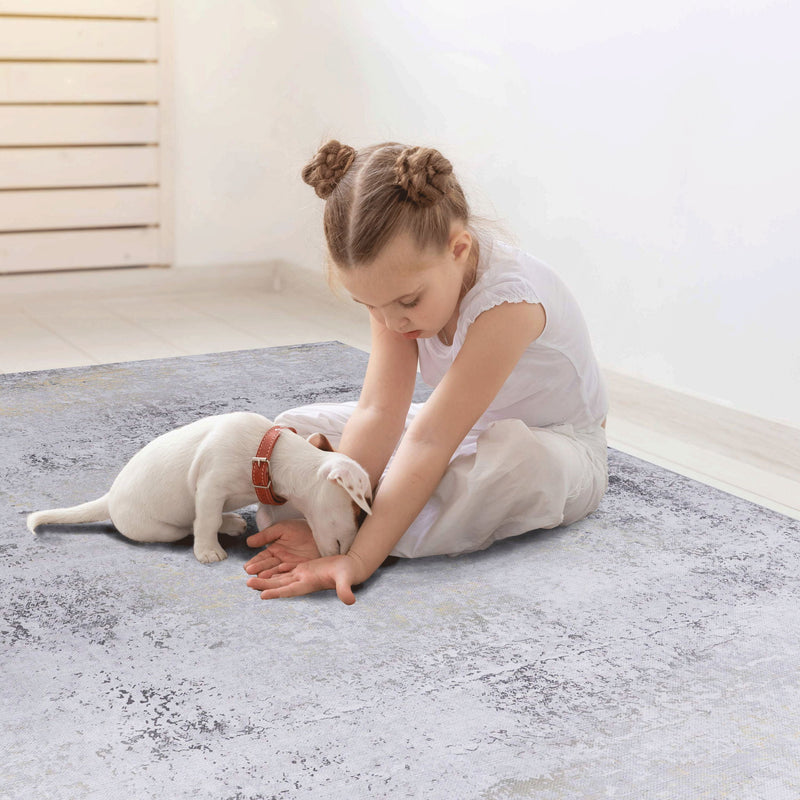 Maval - 6' X 9' Washable Area Rug - Gray / Gold
