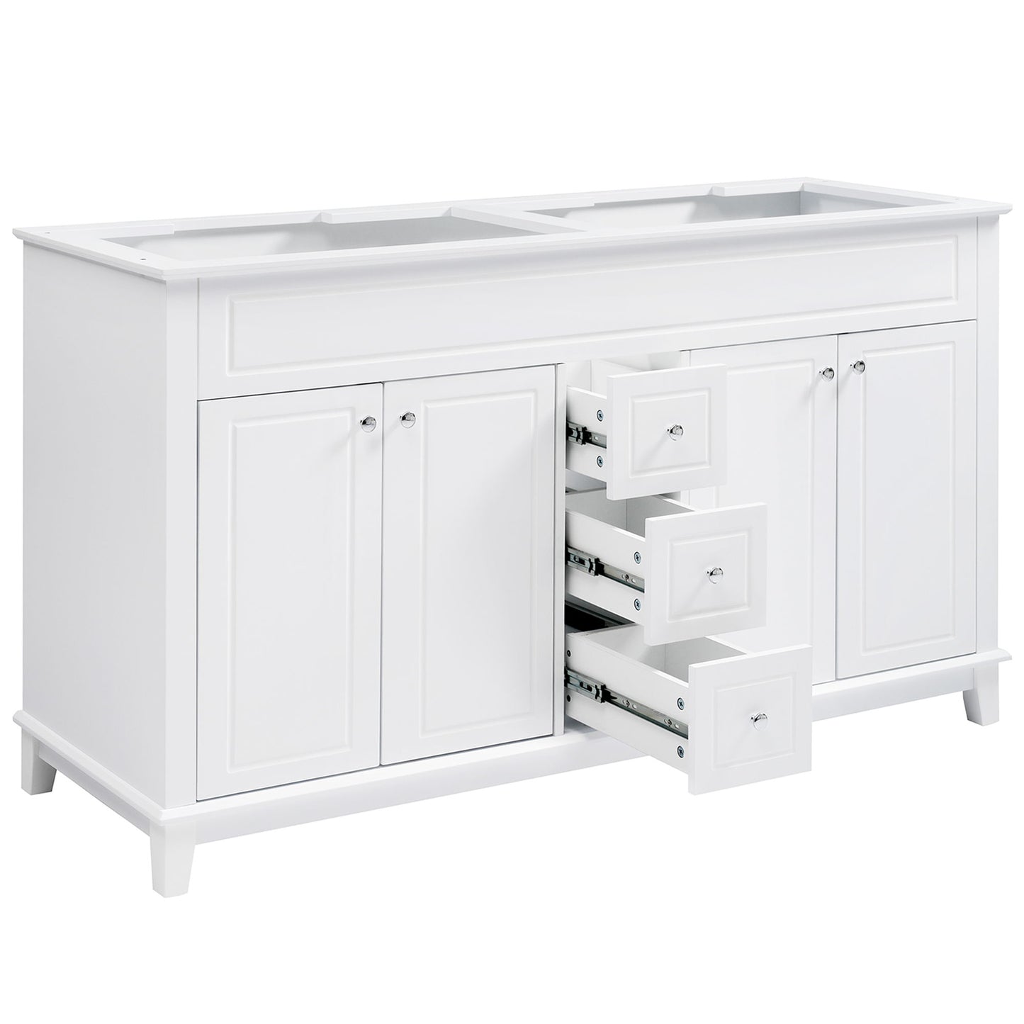Bathroom Vanity Cabinet Only, 3 Drawers & 4 Doors & Double Layer Shelves - White