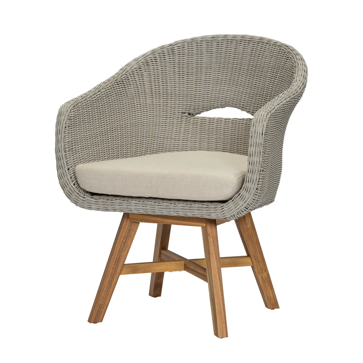 Modern Coastal Rattan Dining Chairs, (Set of 2), Solid Wood Legs - Beige