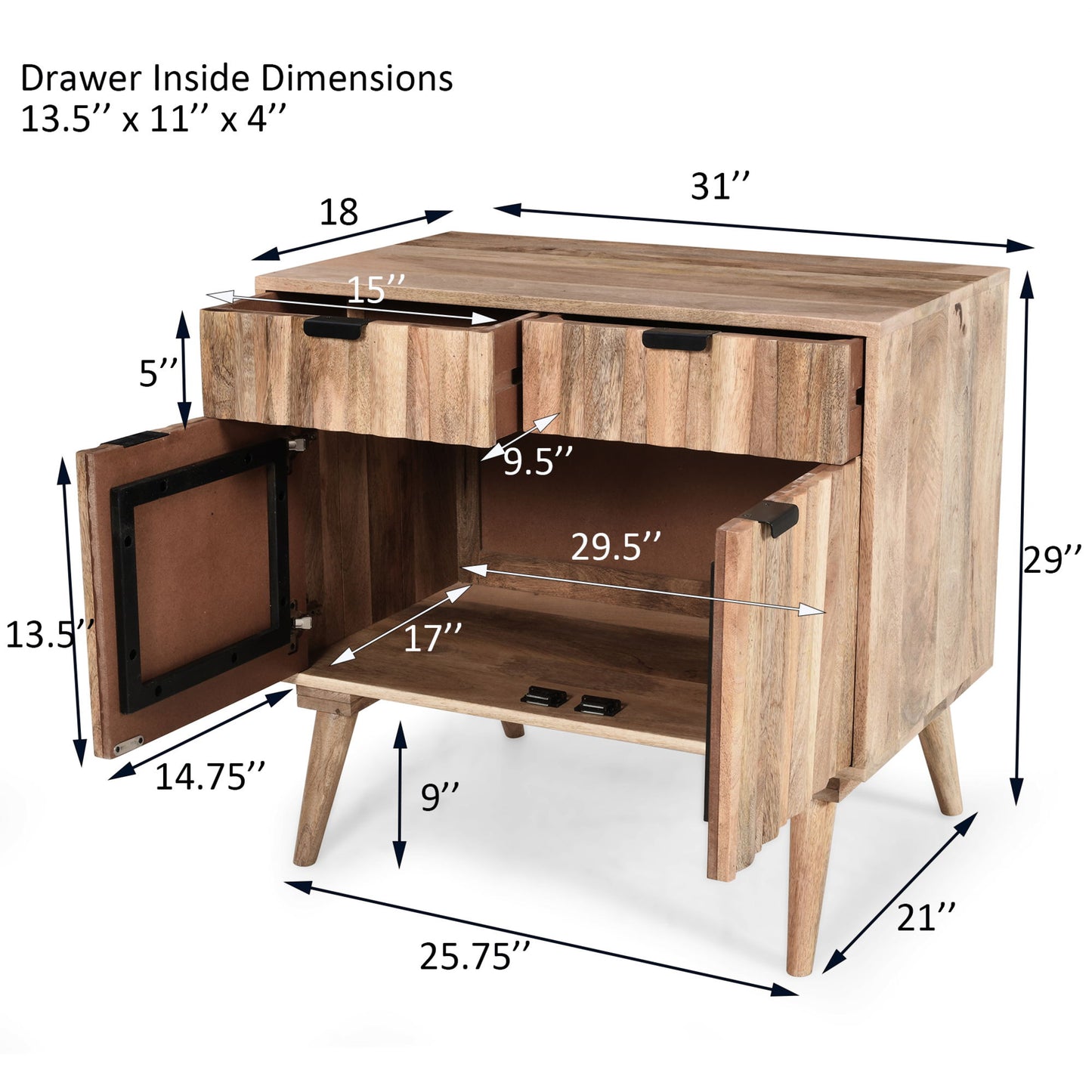 Stylish Style 2 Drawer 2 Door Cabinet, Mango Wood - Natural