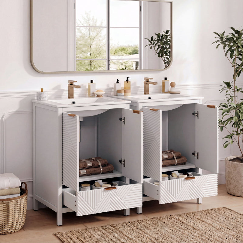 48" Bathroom Vanity Set With Textured Door Panels, Soft Close Hinges, Single Faucet Hole, Large Storage & Drawer - White