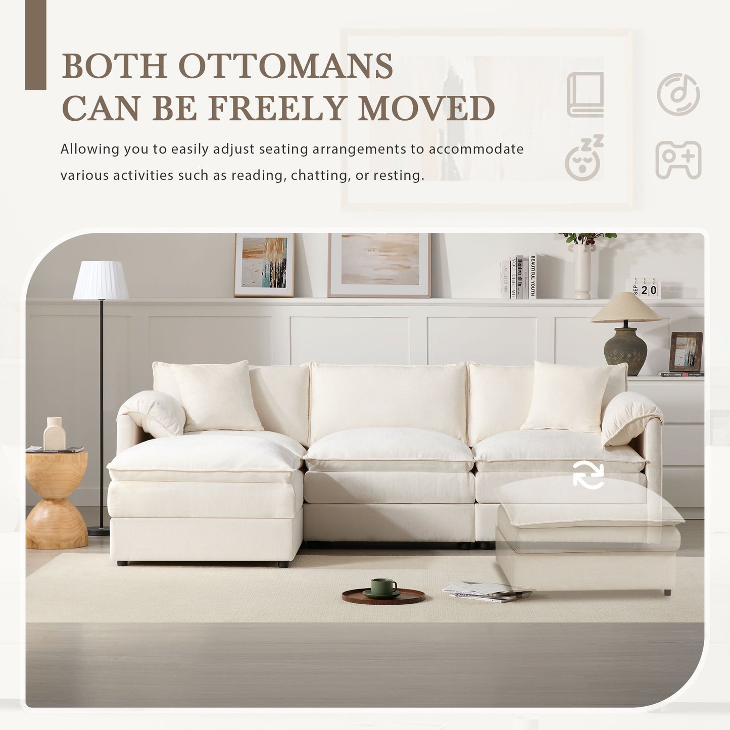 Modular Sectional With Deep And Wide Seat, Cloud Couch Set With Double Cushions Sofa With Movable Ottoman