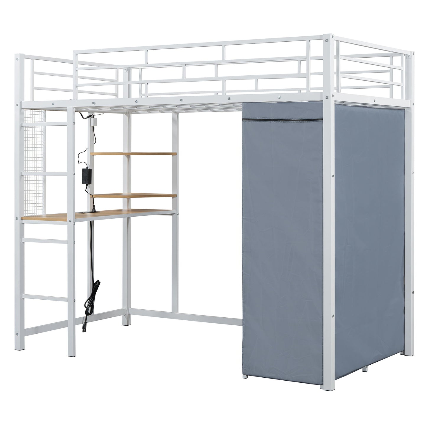 Loft Bed With Desk, Shelves, Power Outlet, LED Light And Wardrobe